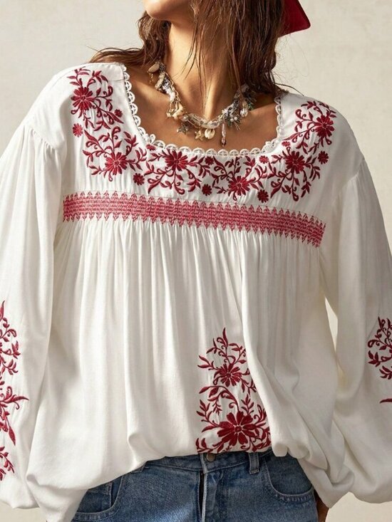 Tops - Boho Women's Bohemian Color Woven Embroidery Casual Blouse